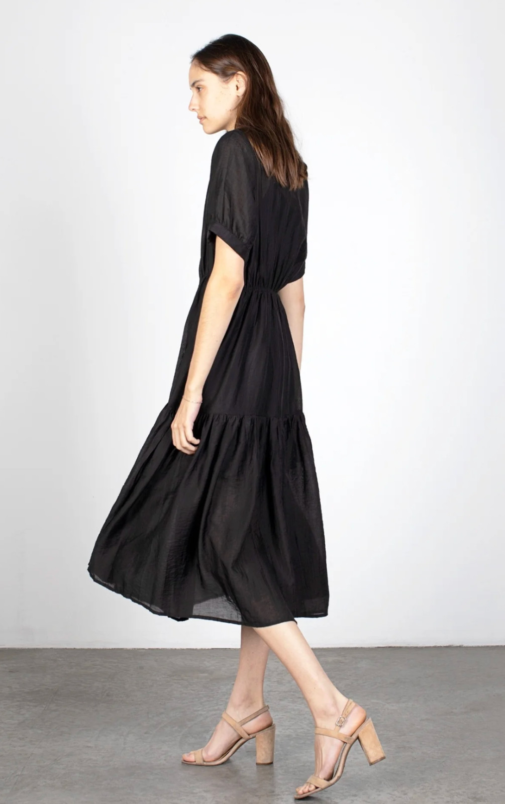 MOD REF S Black Button Front Midi Dress Puff Sleeve Tiered Lightweight Cottage
