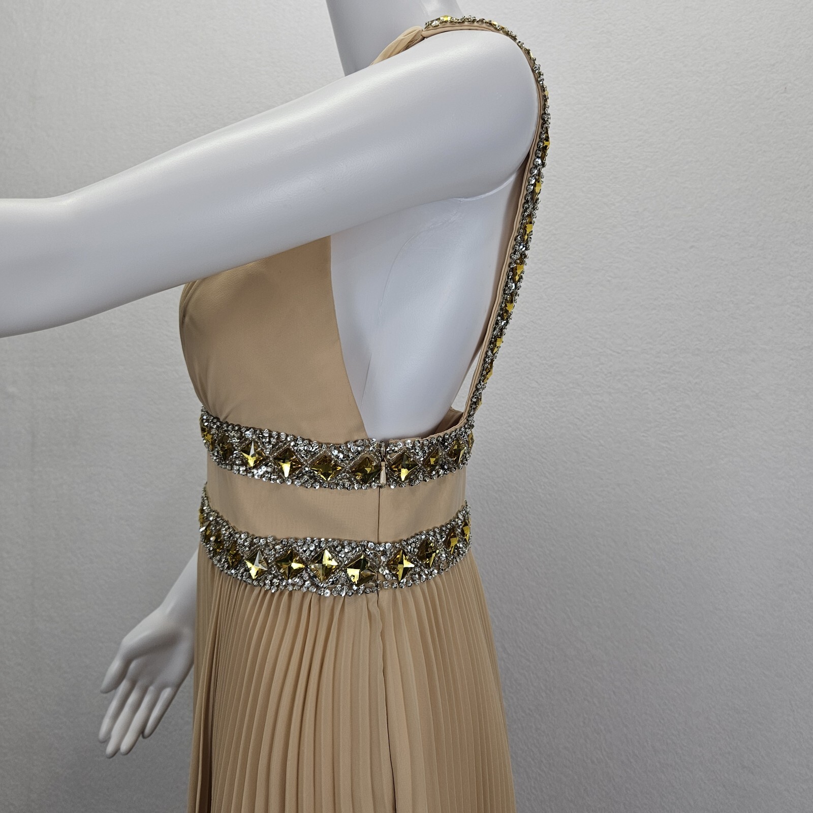 Basix Black Label Dress 6 Beige Pleated Rhinestone Cocktail Evening Prom