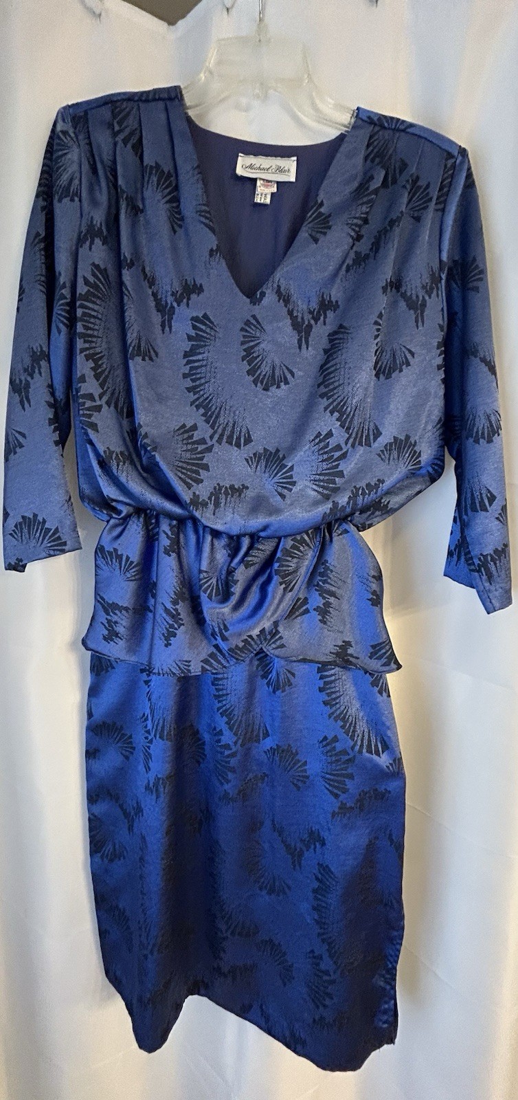 Michael Blair Blue/Black Geometric Silk Look Sheath V-Neck Dress Size Small 6-8