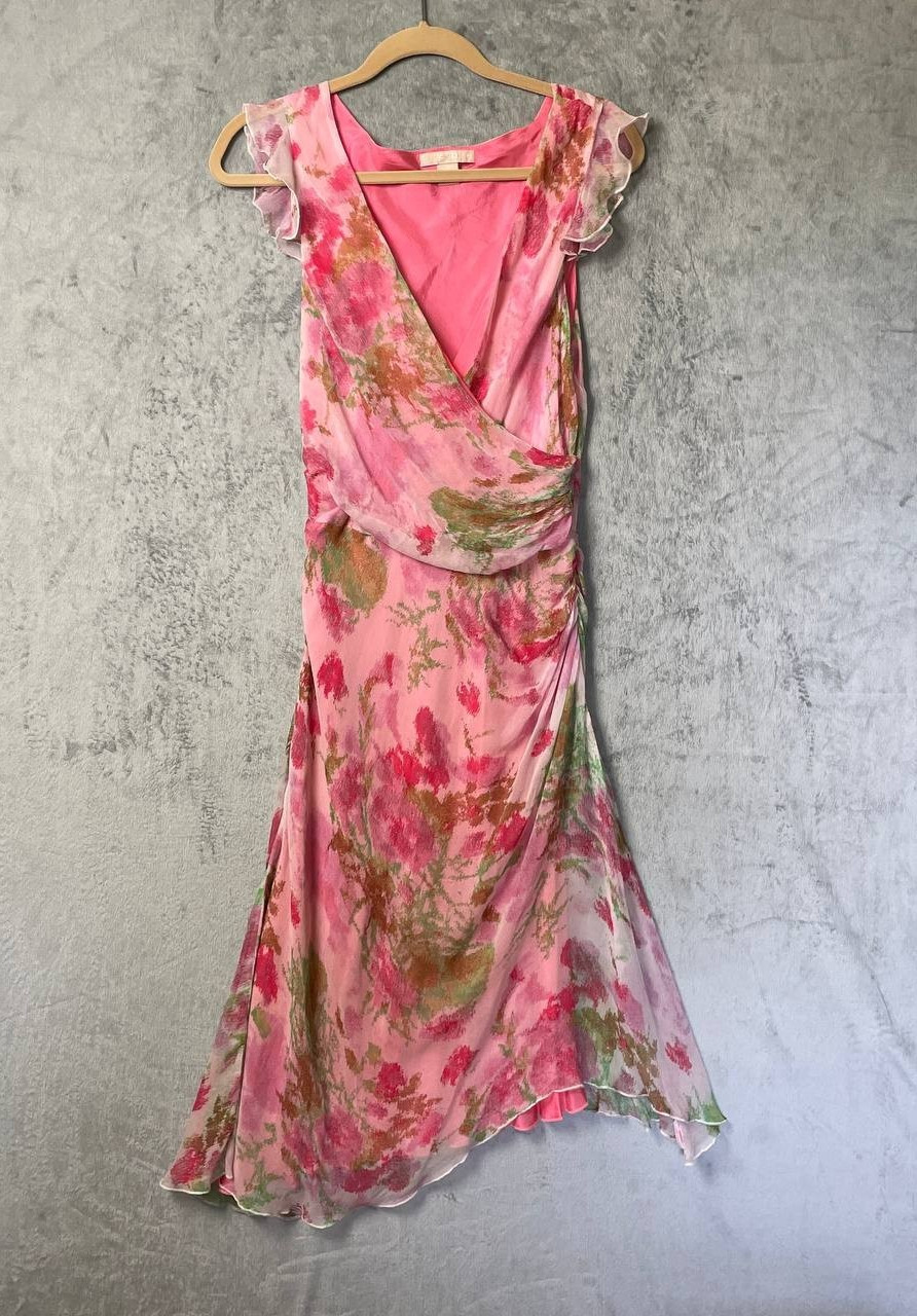 Hype Y2K 100% Silk Pink Floral Fairy Wrap Midi Dress Flutter Sleeve Size 12