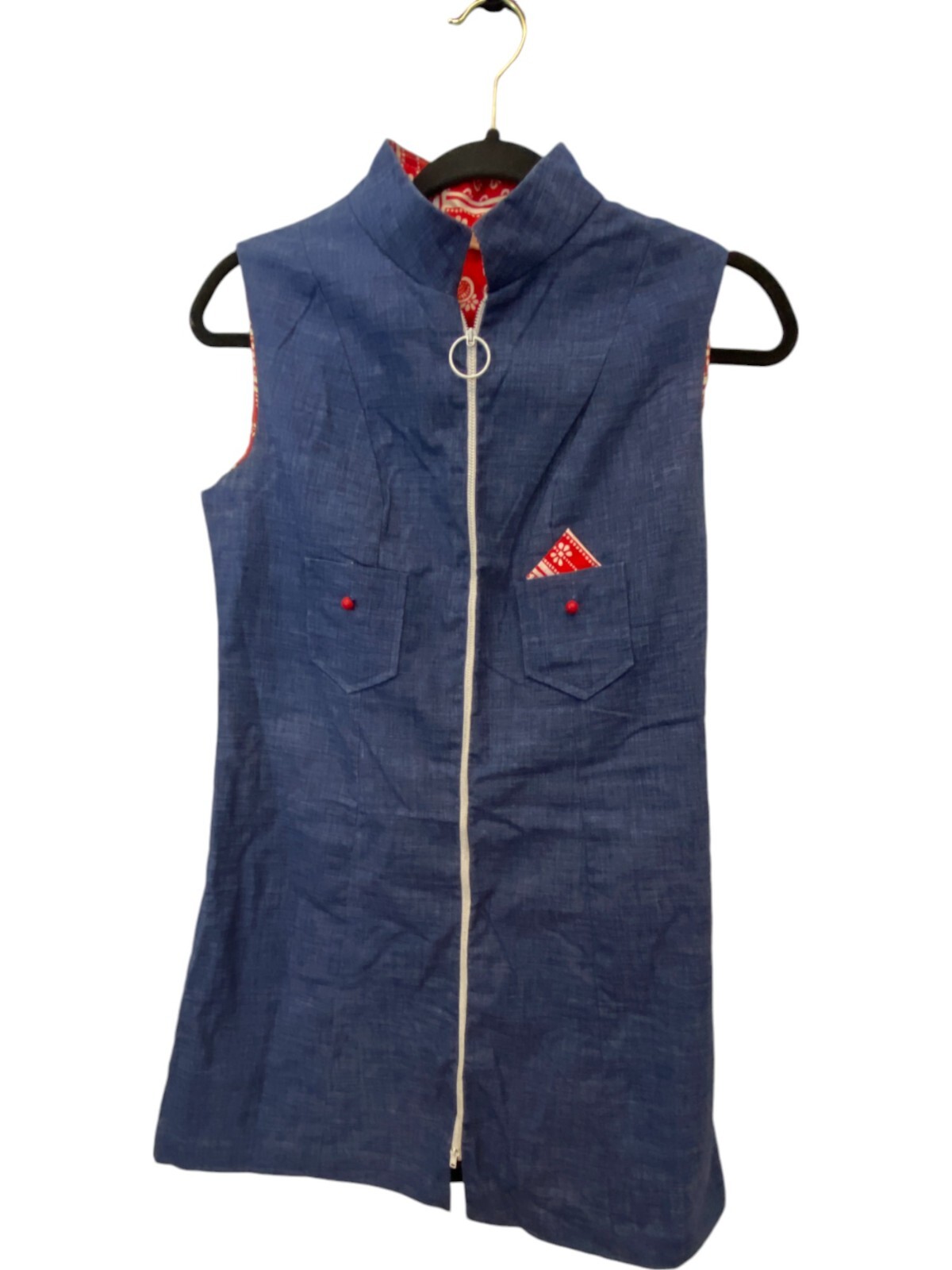 Chambray Mod Dress Blue Womens Size 9 Sleeveless Chest Pockets Mandarin Collar