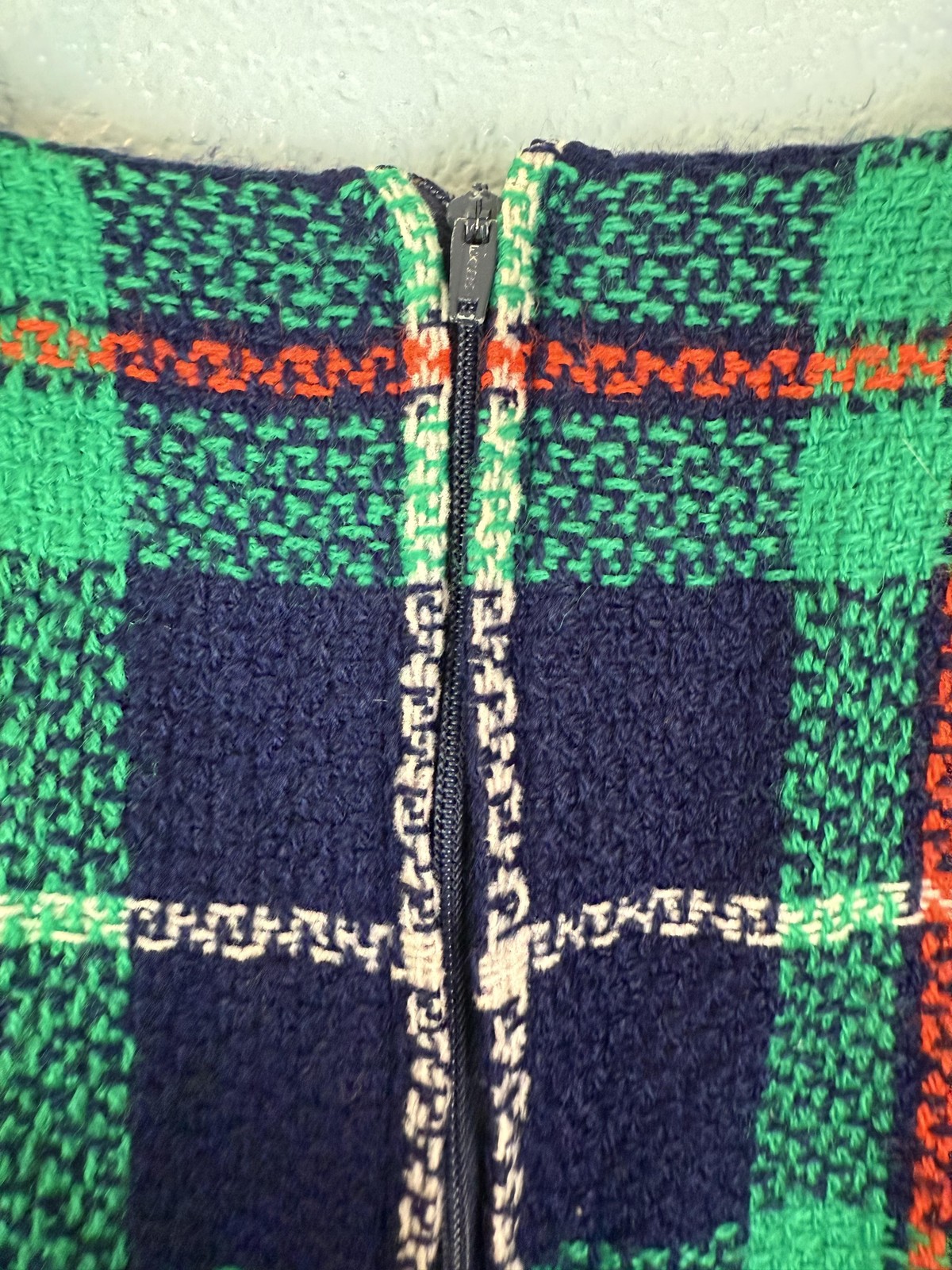 Vintage Plaid Dress Womens Medium Green Blue Sleeveless Mod Style Lined 60s 70s
