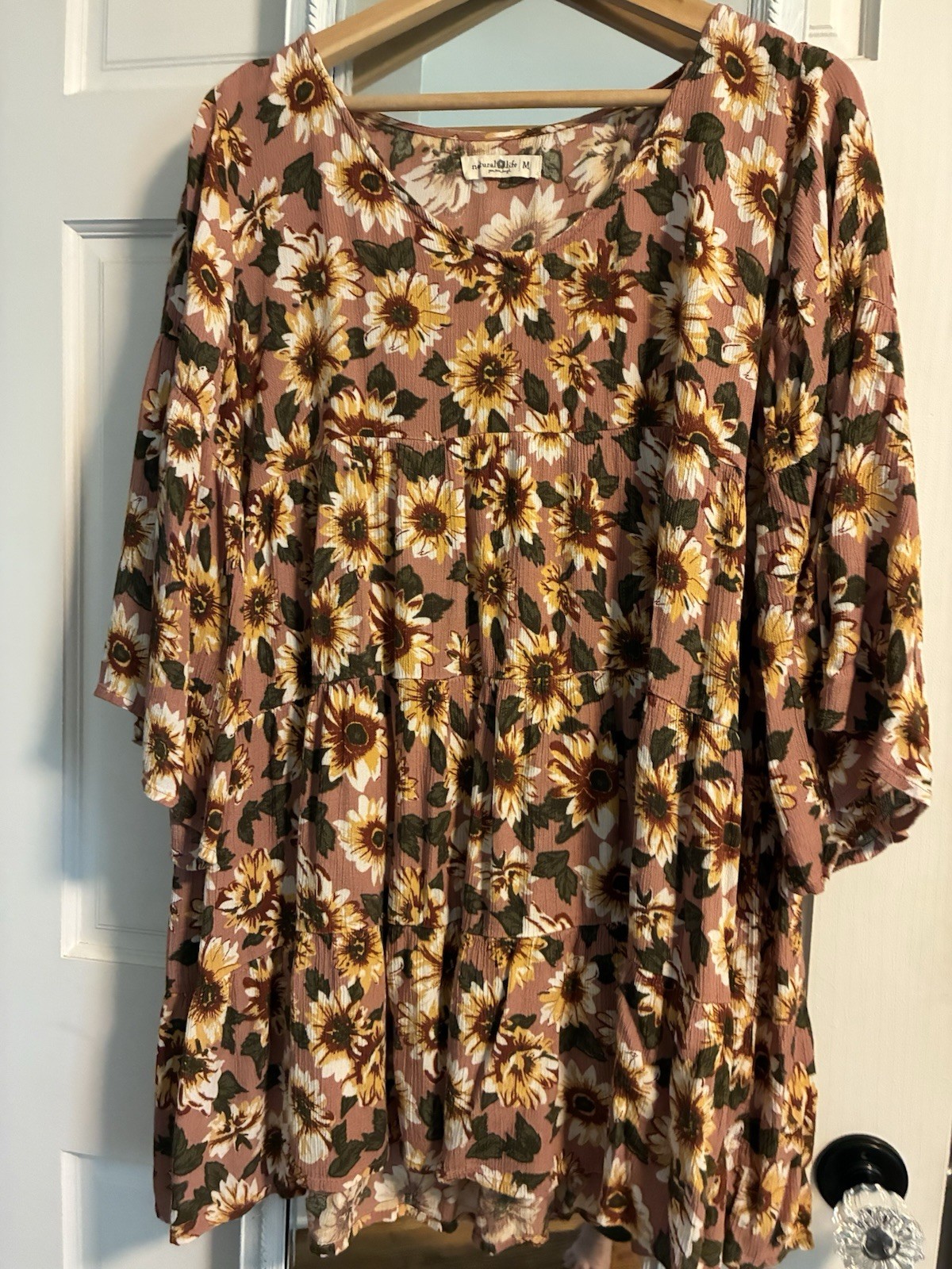 Natural Life Dress Tiered Short Sleeve Flowy Boho Size M Floral Print