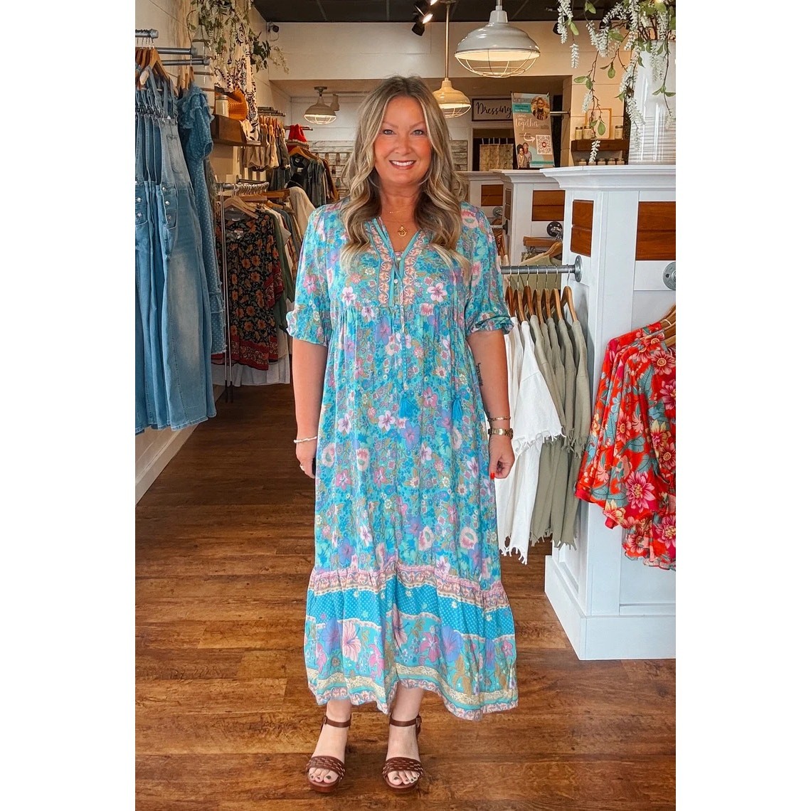 Umgee USA Floral Boho Tassel Tie Midi Dress Puff Sleeve Size M
