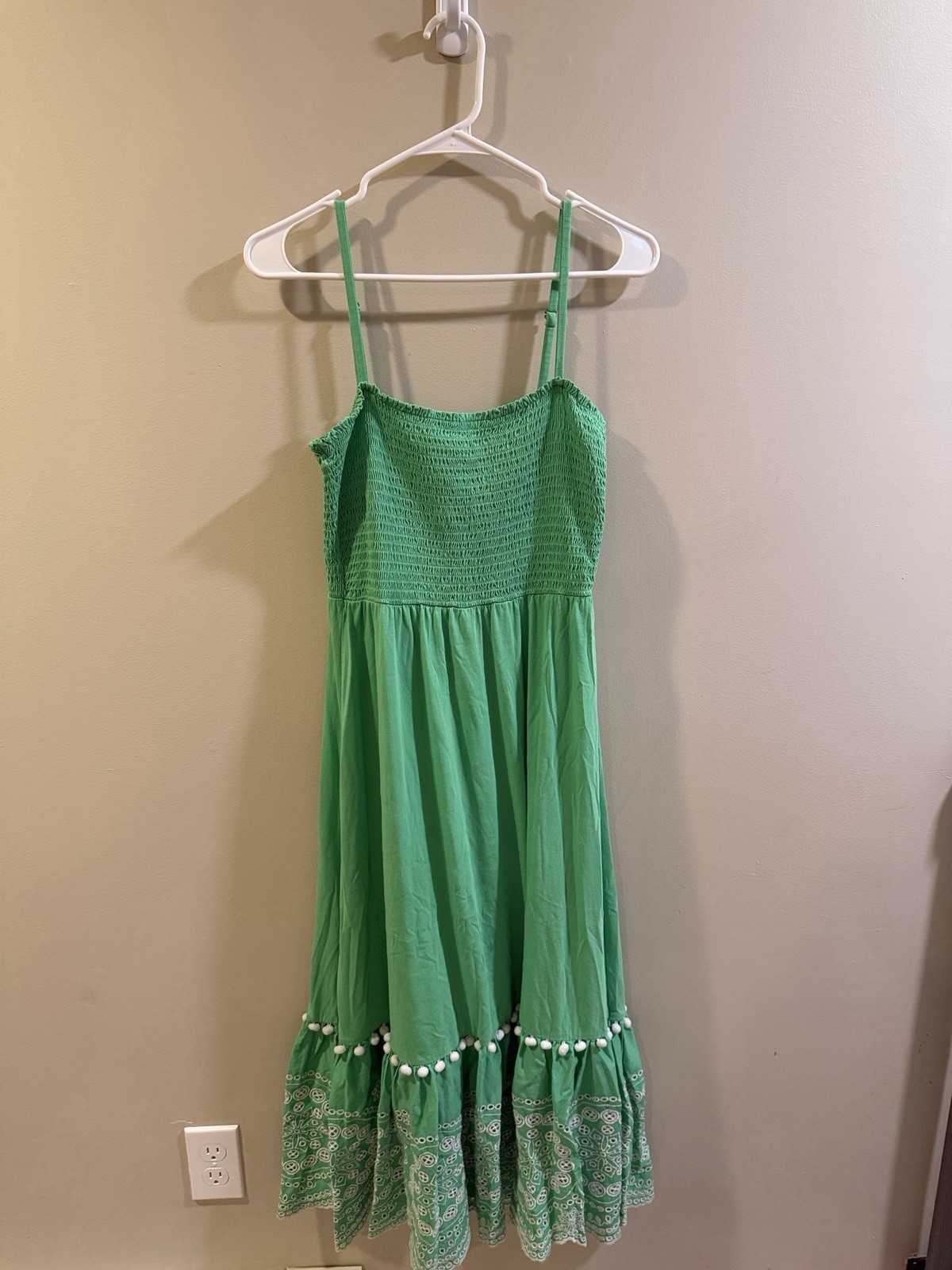 Lilly Pulitzer Green Smocked Square Neck Embroidered Pom-Pom Midi Sundress L