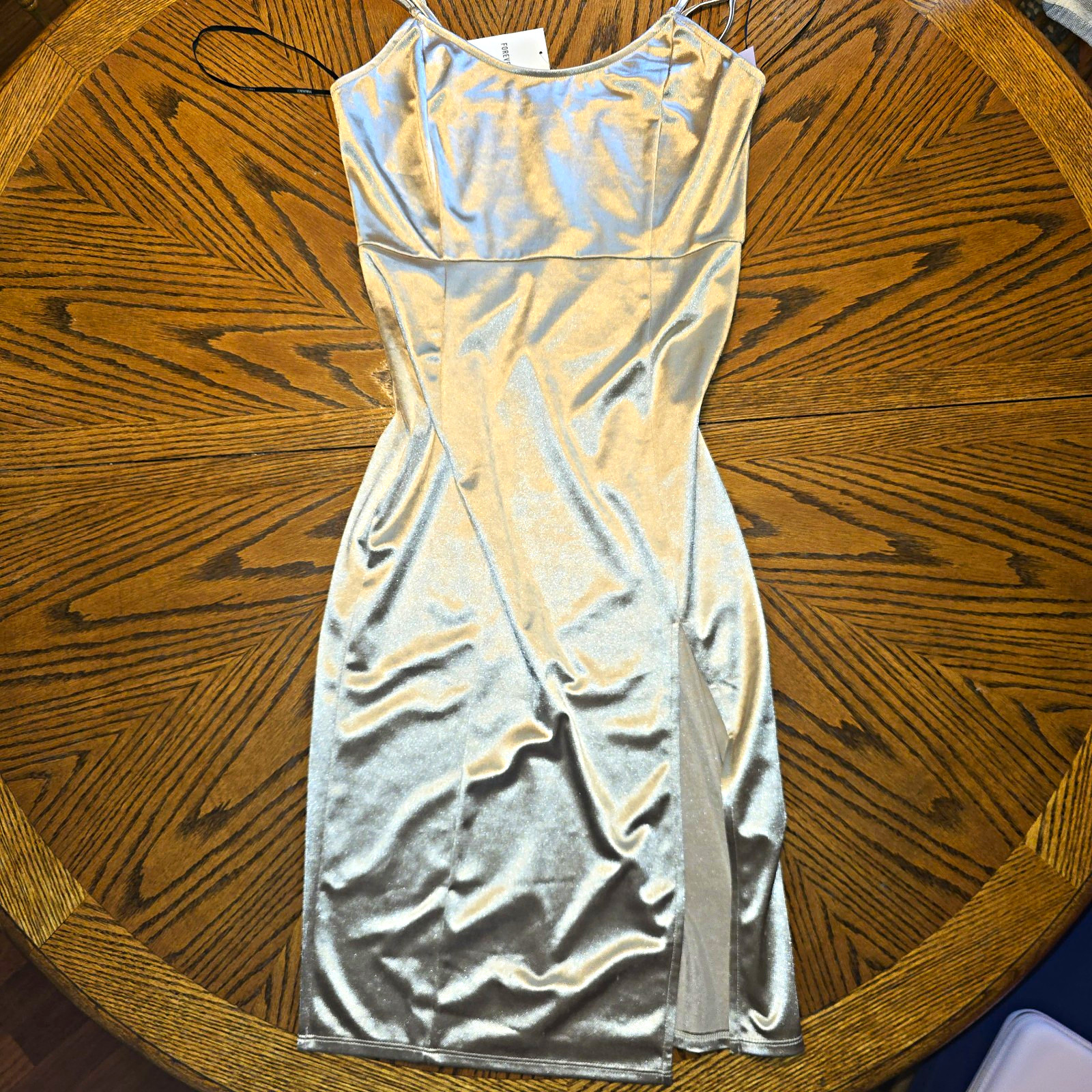 Forever 21 Gold Satin Cowl Neck Slip Dress L Midi Side Slit Stretch