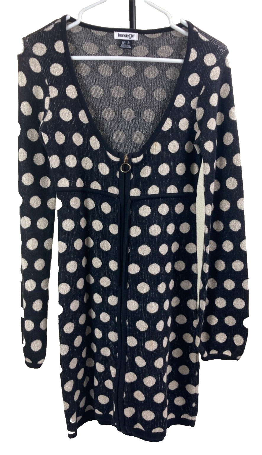 Kensie Girl Black & White Polka Dot Sweater Dress Zipper Long Sleeve Cute Size S