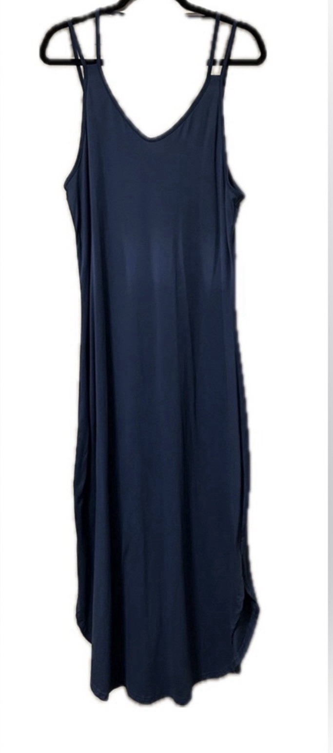 Women’s L Blue Solid V-Neck Strappy Sleeveless Maxi Slip Dress Polyester