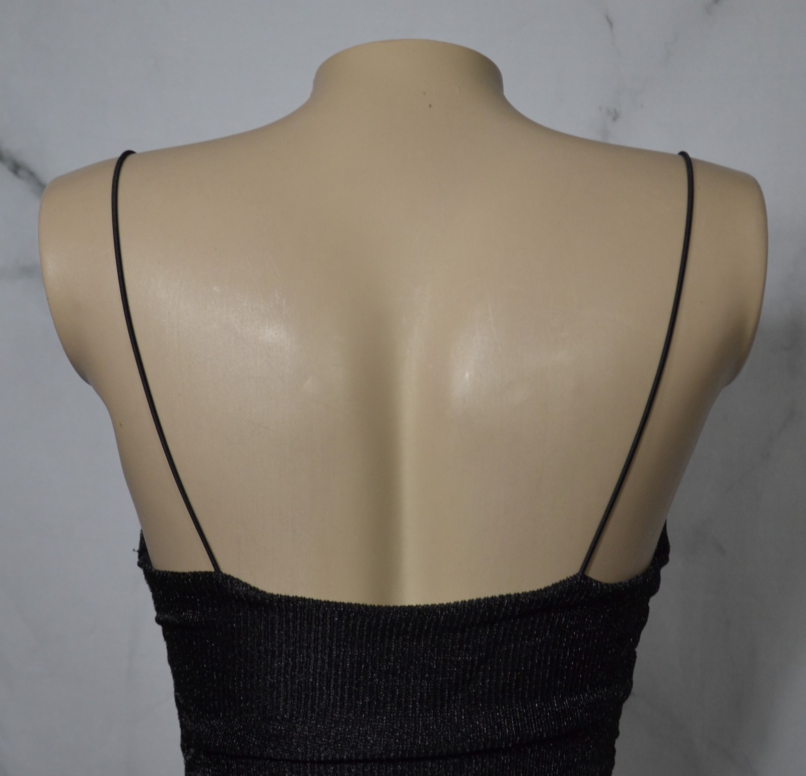 LUVALOT Shiny Black Mesh Spaghetti Strap Dress 4 Ruched Sides Draped Neckline