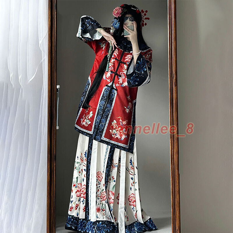 Qing Dynasty Womens Retro Chinese Costumes Dress Printed Hanfu Dress New