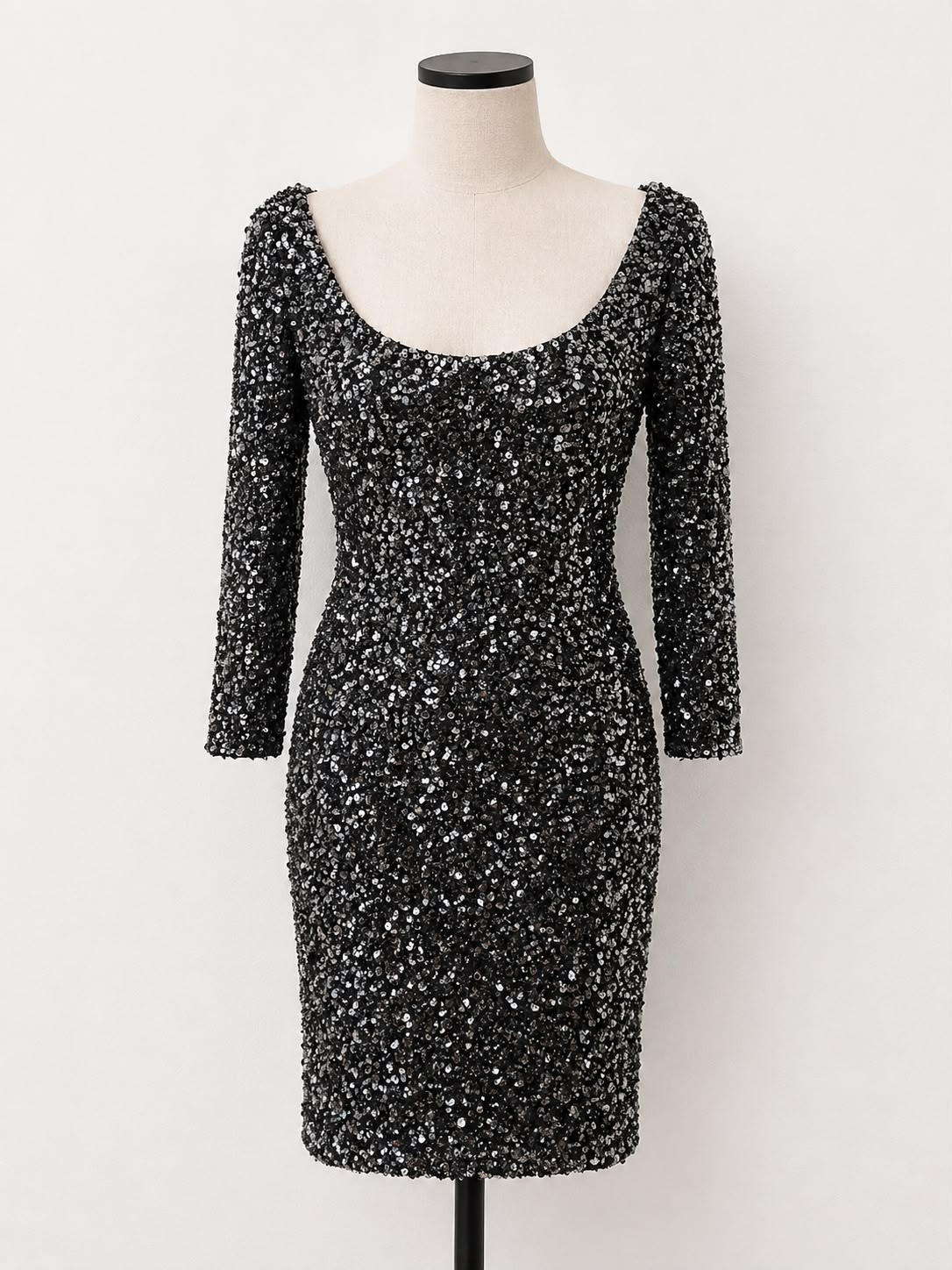 THEIA Black Sequin Cocktail Dress Size 2 Sheath 3/4 Sleeve Party Evening