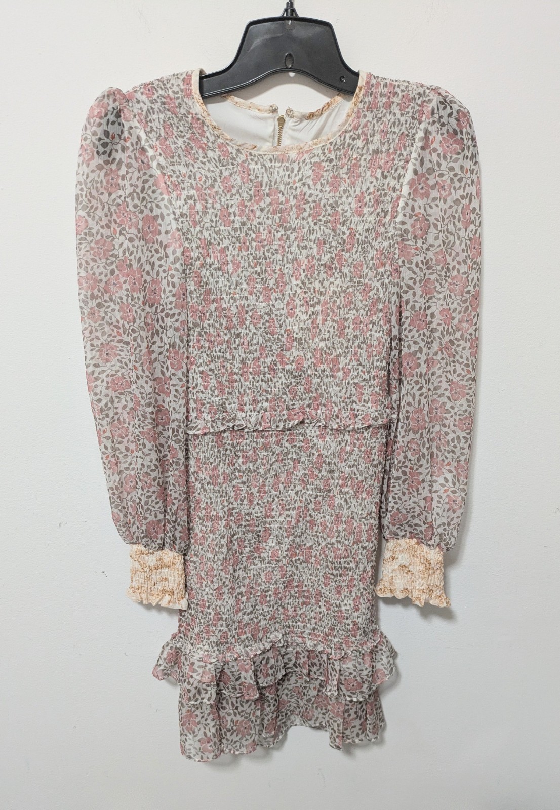 WINONA AUSTRALIA Floral Smocked Ruffle Mini Dress XS Pink Ruffles Sheer Romantic