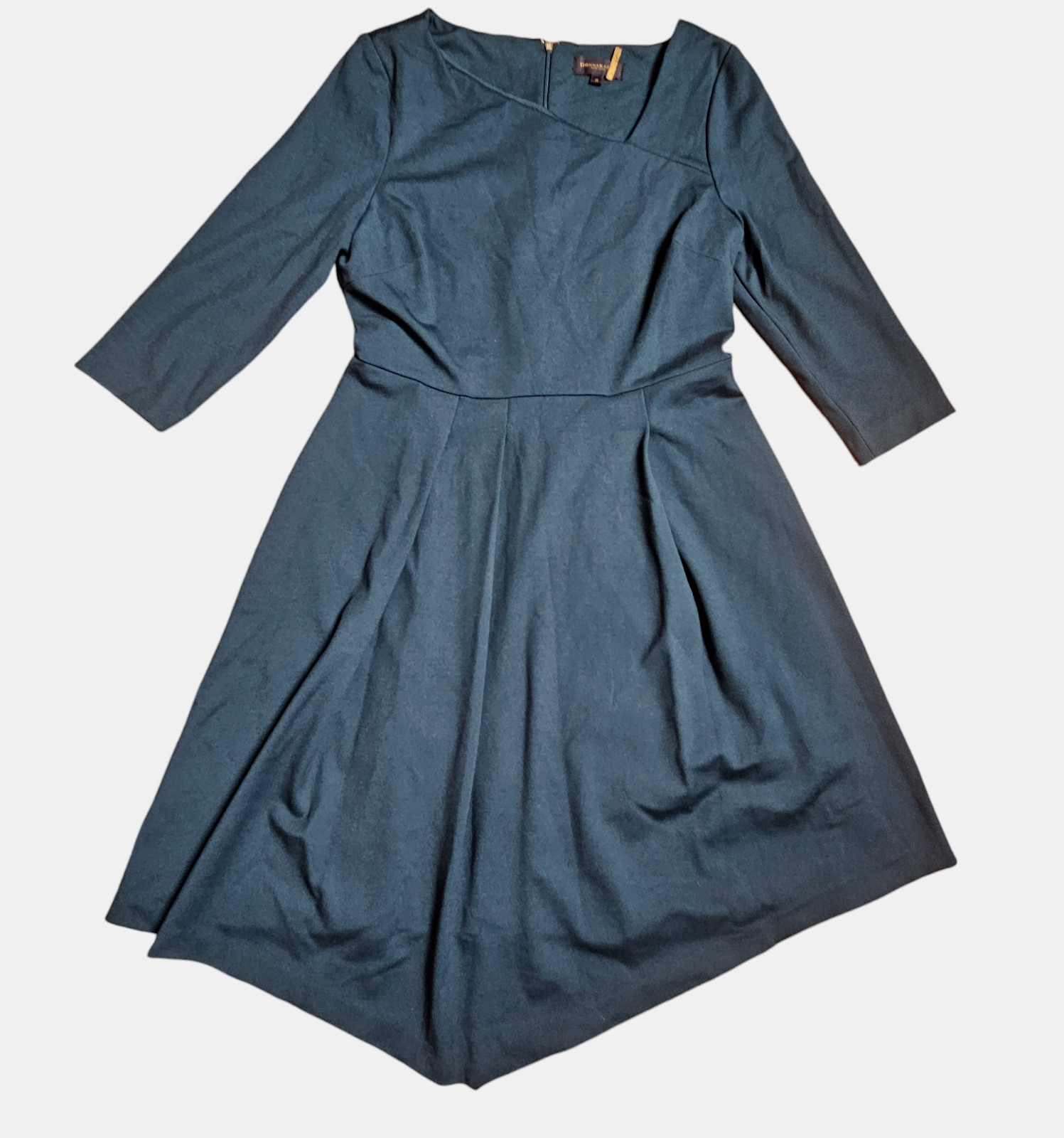 Donna Karan DKNY Asymmetrical Neck 3/4 Sleeve Pleated Dress Black 12 Rayon Blend