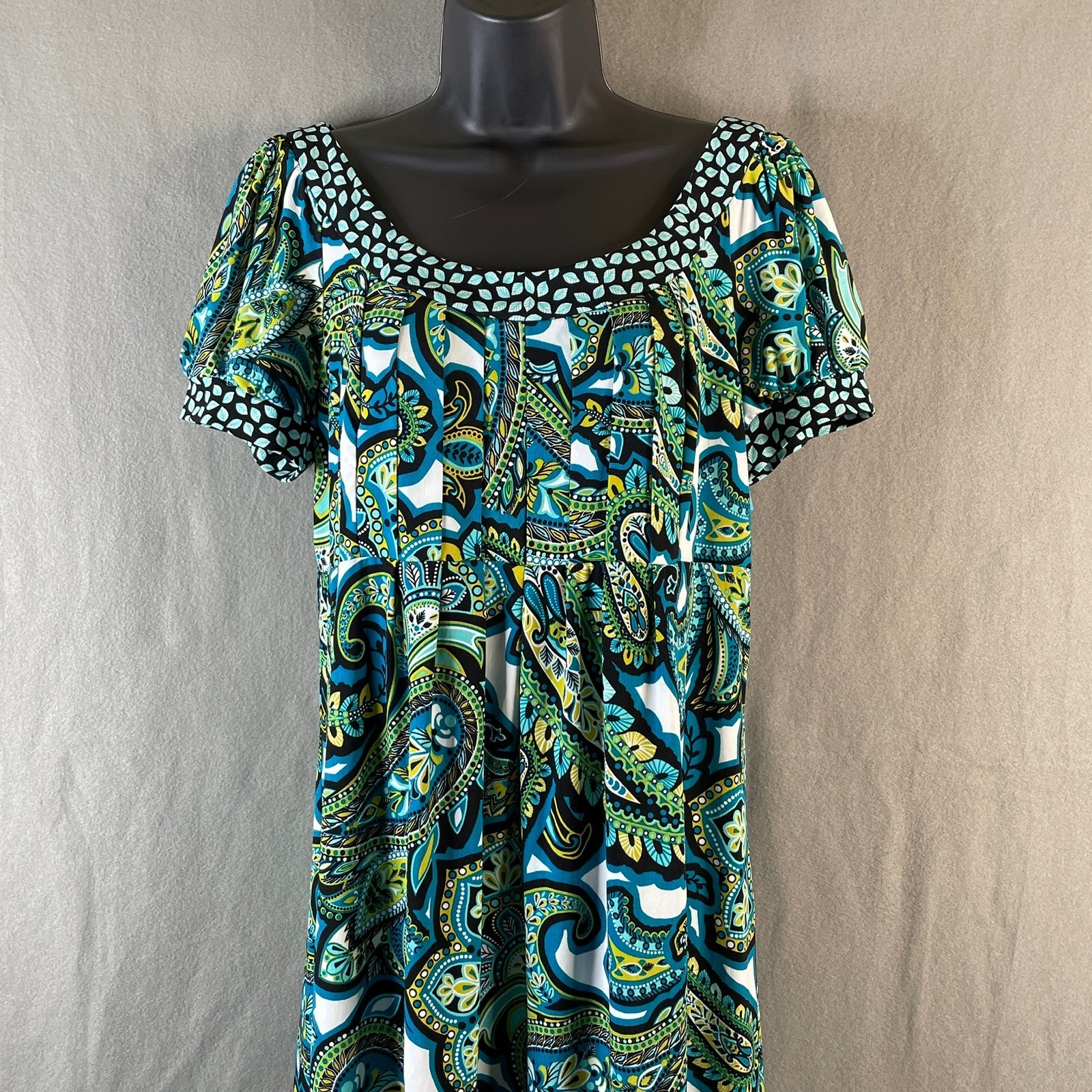 London Style Collection Blue Green Paisley Empire Waist Puff Sleeve Dress 14