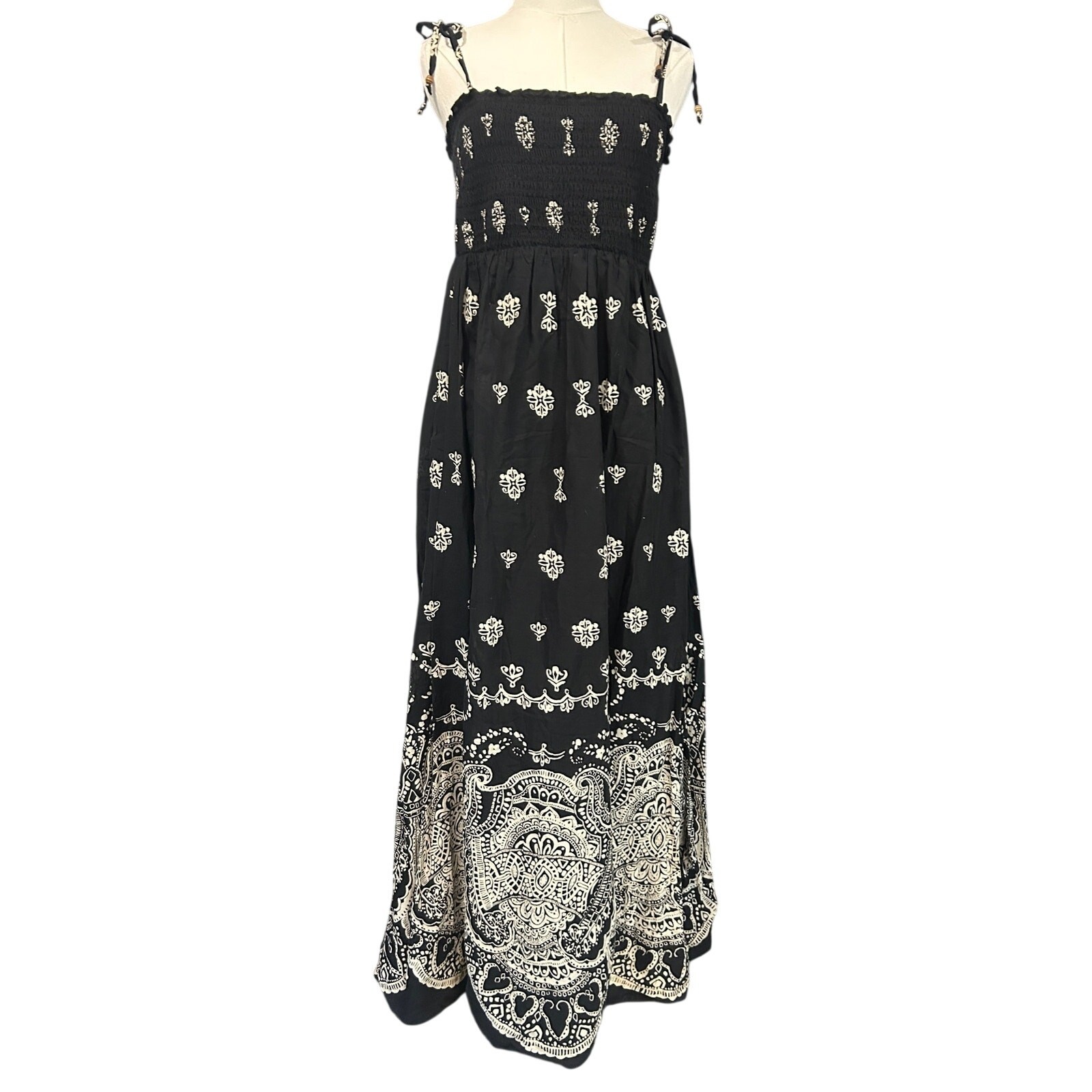 Gap Long Teri Cotton Maxi Dress Boho Beach Black White Paisley Smocked Size L