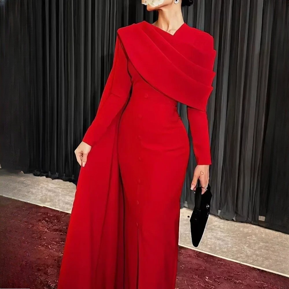 Customized Elegant Red Womens Dresses Long Sleeves Pleated Straight Ankle Length
