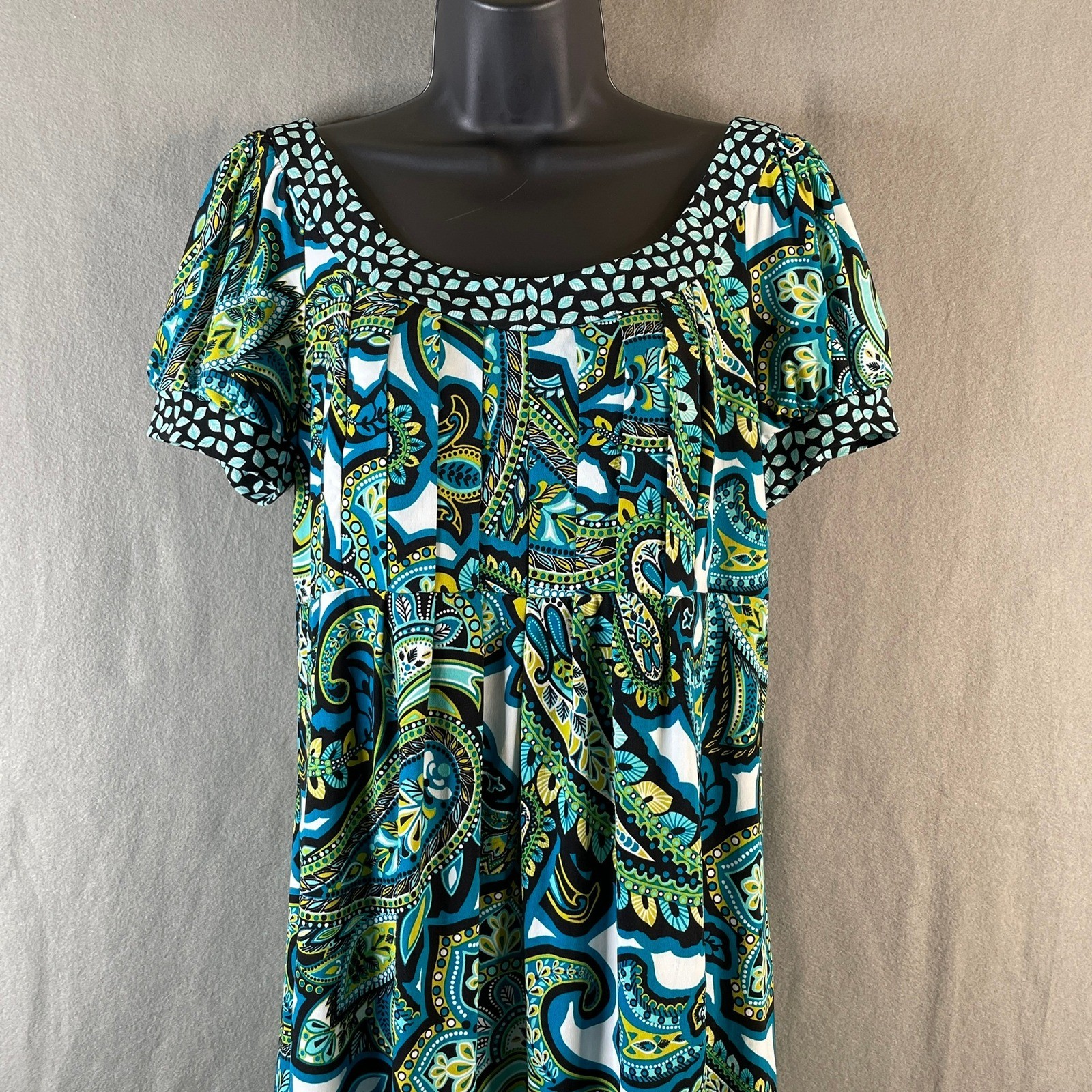 London Style Collection Blue Green Paisley Empire Waist Puff Sleeve Dress 14