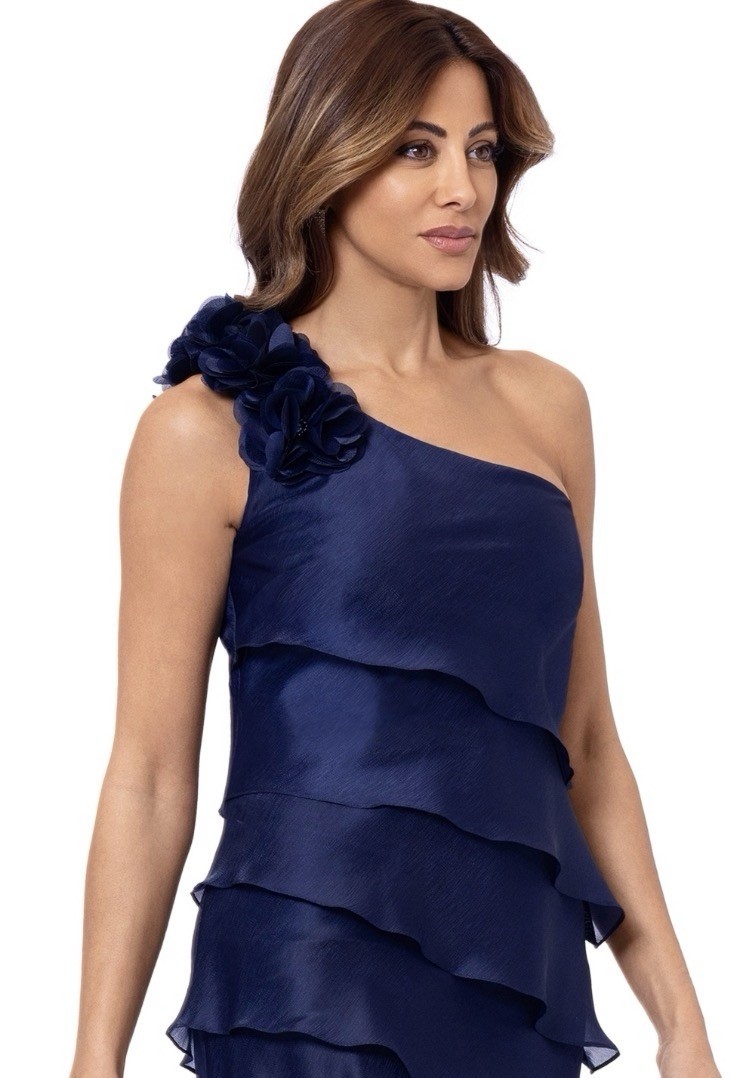 XSCAPE Women’s Blue Tiered Chiffon One-Shoulder Dress Size 16