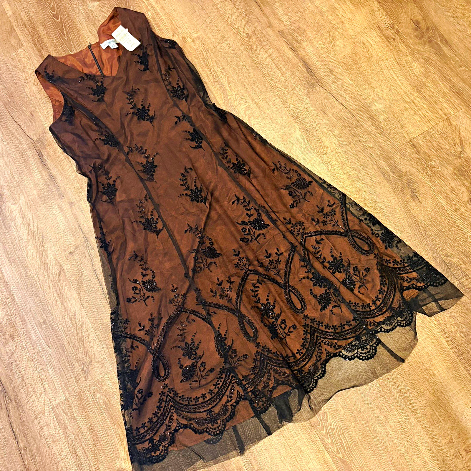 Coldwater Creek Size 10P Brown Black Floral Embroidered Mesh V-Neck Maxi Dress
