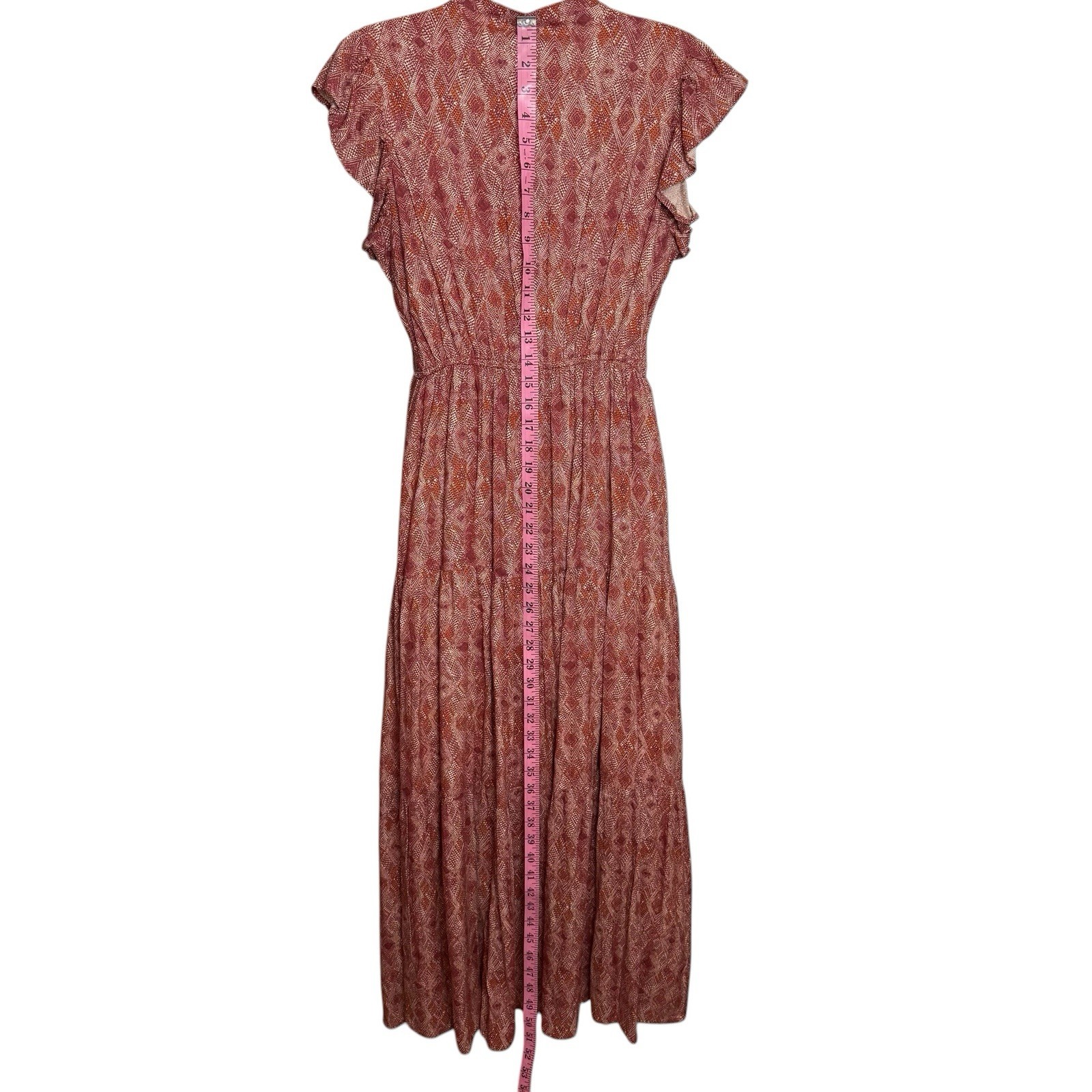 Sweet Magnolia Boho Midi Dress Medium Rust Geometric Tiered Flutter Sleeve