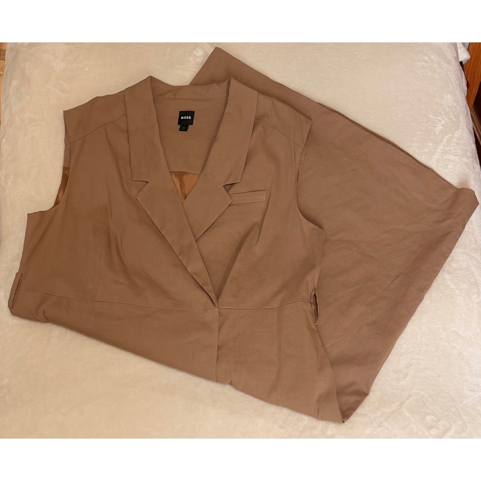 BOSS Hugo Boss Sleeveless Blazer Wrap Dress Camel Brown Linen Blend Womens Sz 16