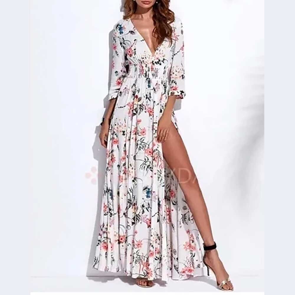 Floryday floral maxi dress smocked waist faux wrap side slit boho beach travel S