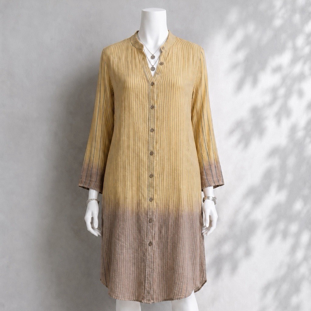 April Cornell Shirt Dress S Yellow Brown Ombre Striped Gauzy Button Cotton Shift