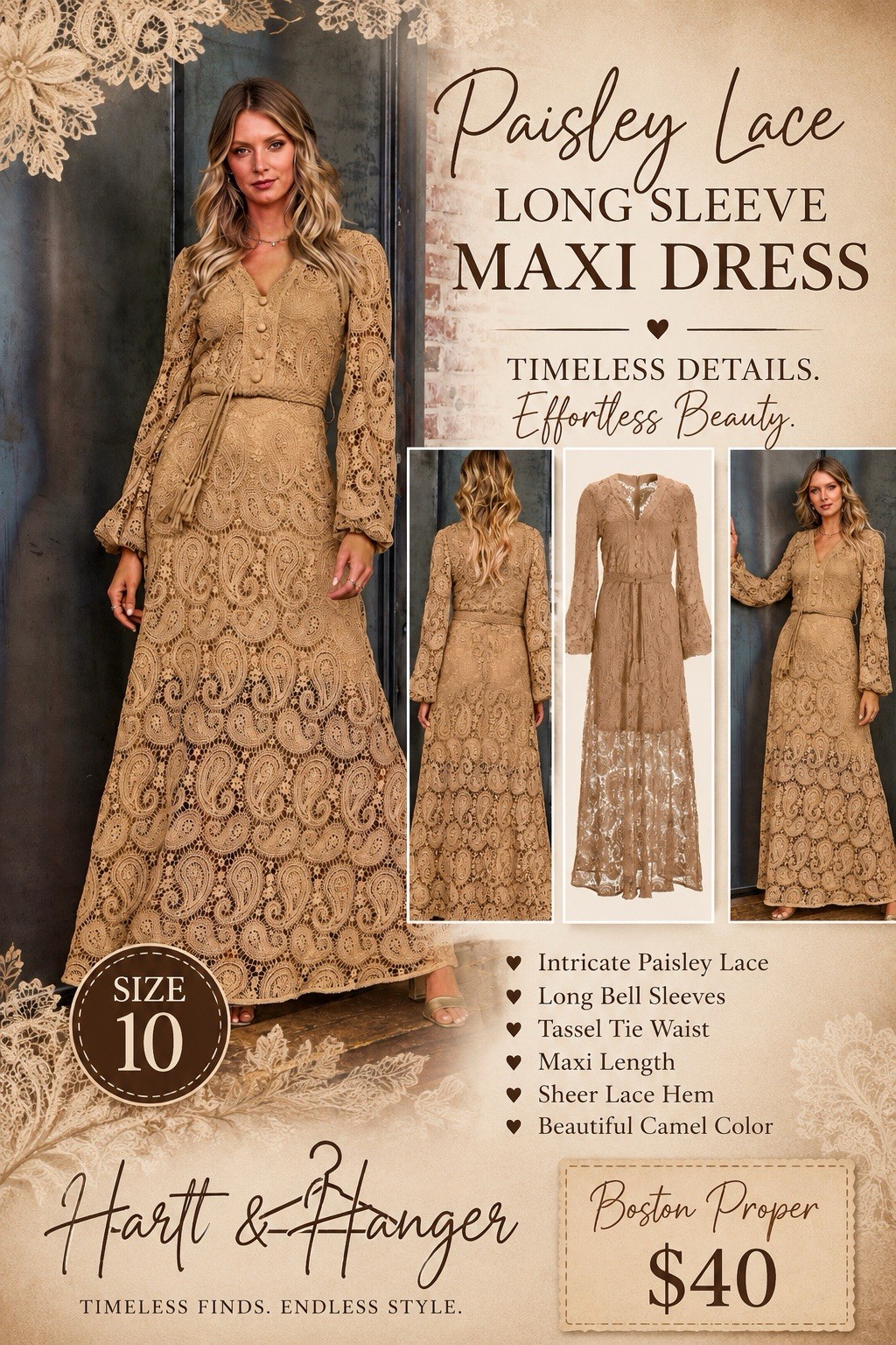 Hartt & Hanger Camel Paisley Lace Maxi Dress V-Neck Tie Waist Long Sleeve 10