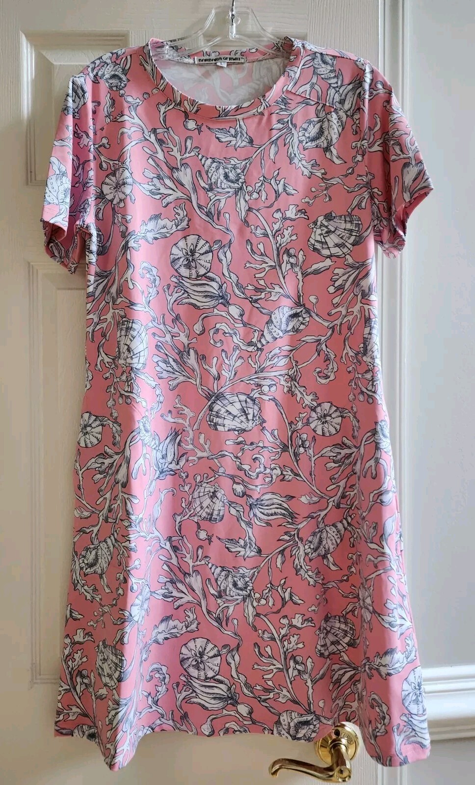 Barbara Gerwit Pink Sea Shell Print T-Shirt Dress Size L Resort Beach Nautical
