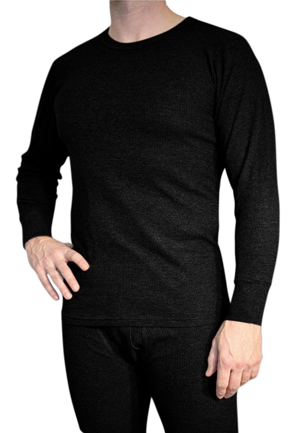 Mens 2 Pcs Warm Thermal Underwear Set 100% Cotton Top & Bottom Black XL