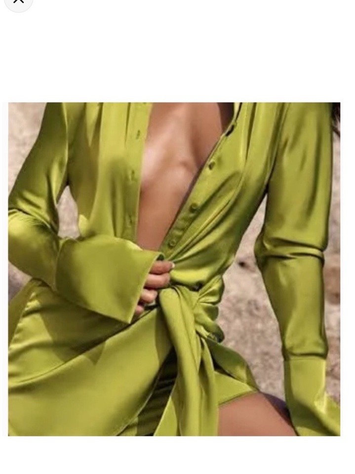 Rat & Boa Green Solid Shirt Dress Long Sleeve Short Satin Button Tie Accent S