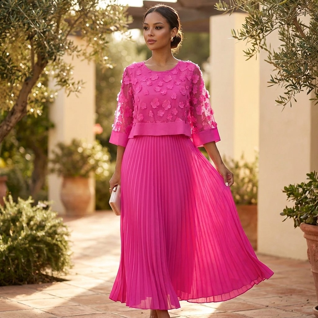 Women Pink Pleated Maxi Dress Mesh Overlay Cape Sleeve A-Line Elegant S-XXL US