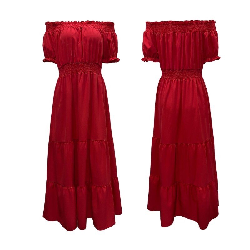 Solid Color Ruffle Long Dress Casual Short Sleeves High Waist Elegant Dress