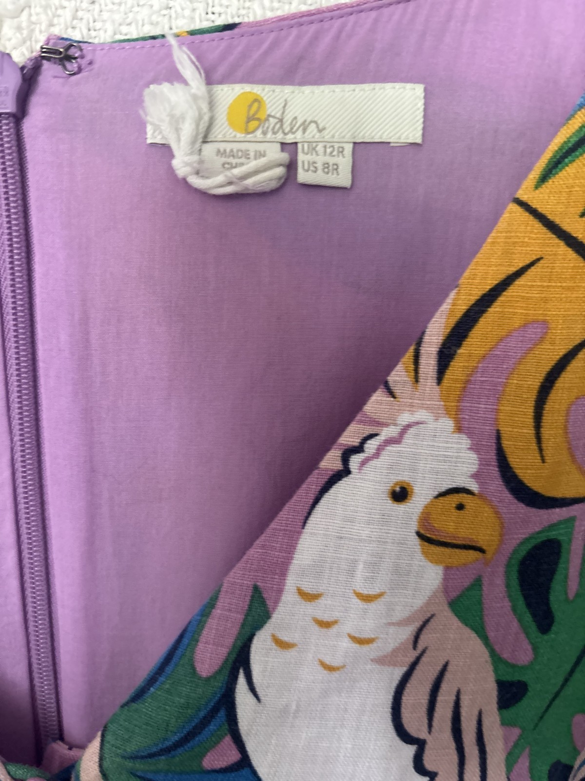 Boden purple green white linen sleeveless maxi v-neck bird parakeet palm tree 12
