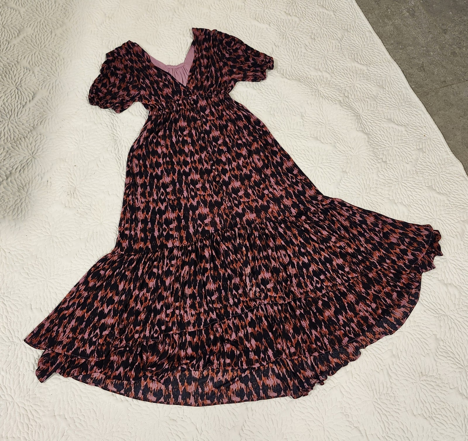 Anthropologie Purple Printed Ruched-Sleeve Mesh Lined Maxi Dress Petites Sz S