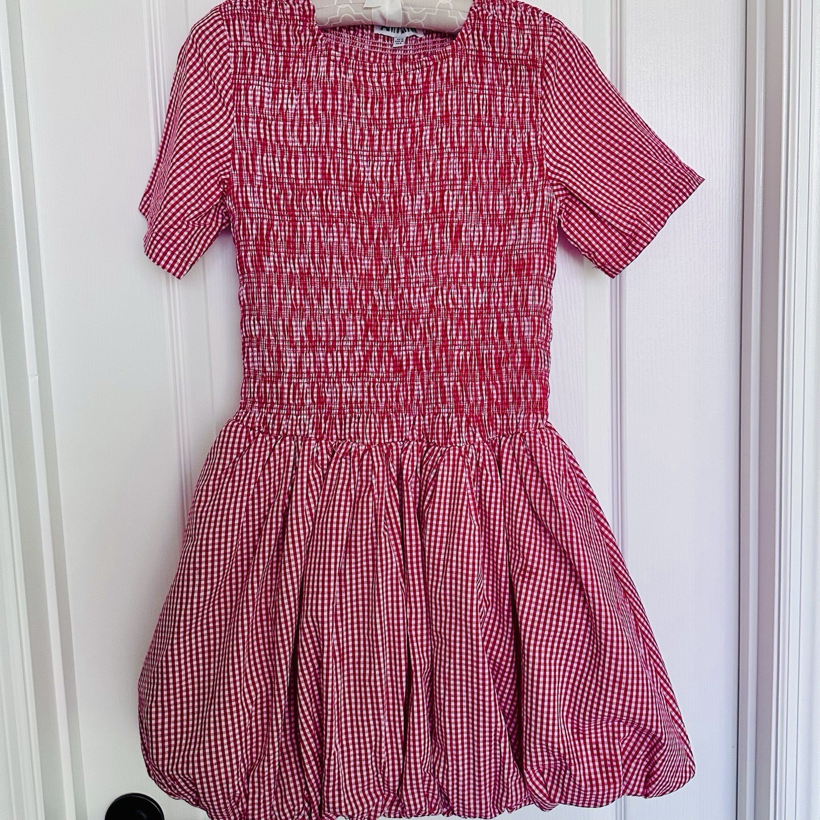 AMYLYNN Red/White Gingham Smocked Mini Dress, Short Sleeve Round Neck US 6
