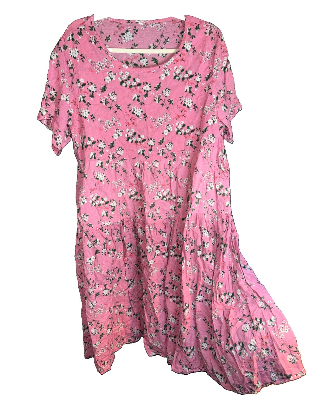 Floral Midi 100% Cotton Peasant Dress LG Short Sleeve Pink Cottagecore Pockets