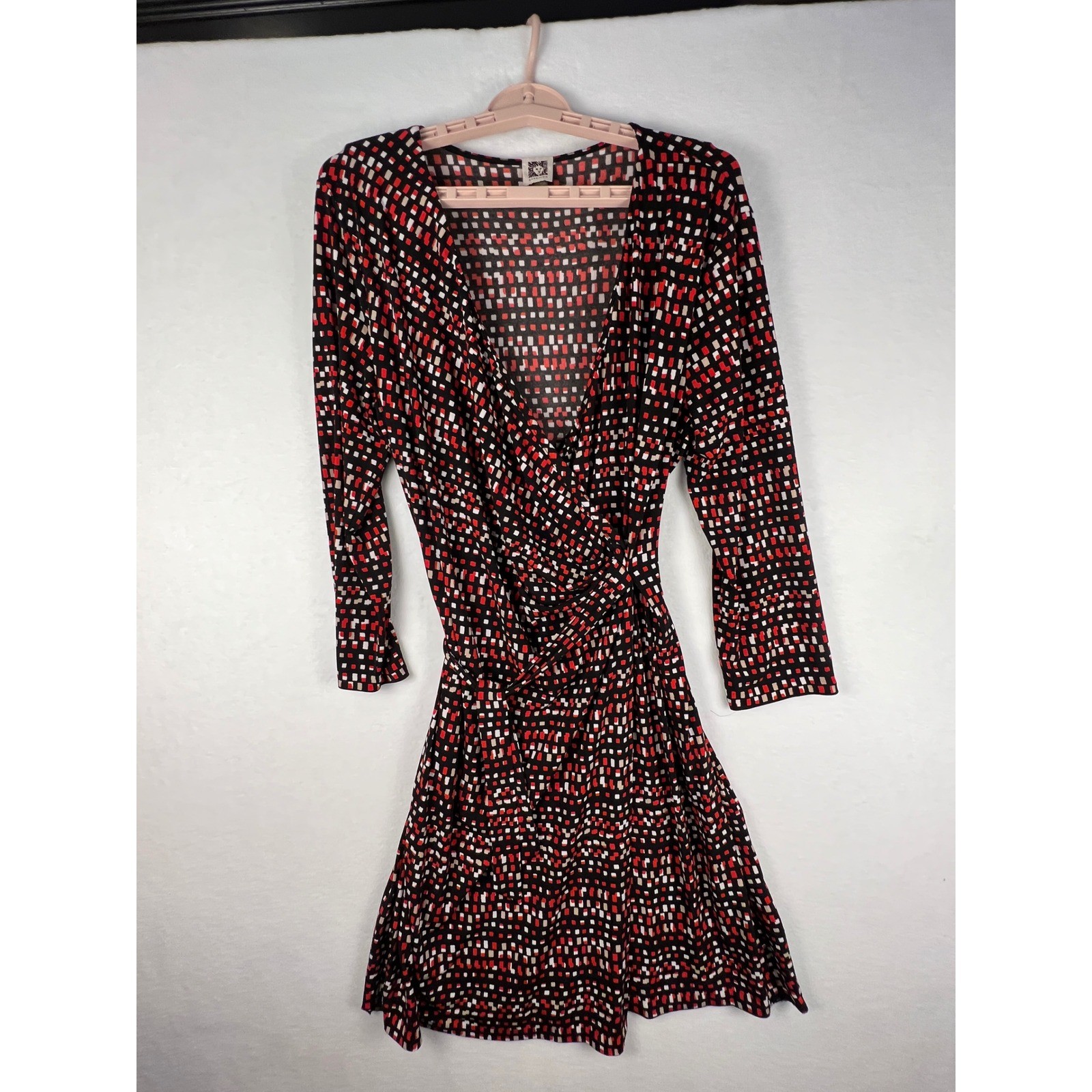 Anne Klein Women Red Black Geometric Block Print Faux Wrap Dress XL U02MM4A3699
