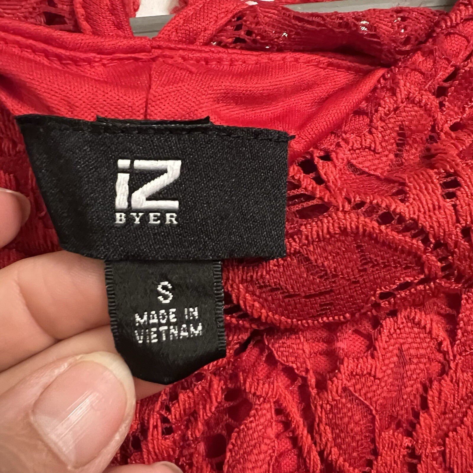 IZ Byer red lace dress see through long sleeves crew neck women’s small