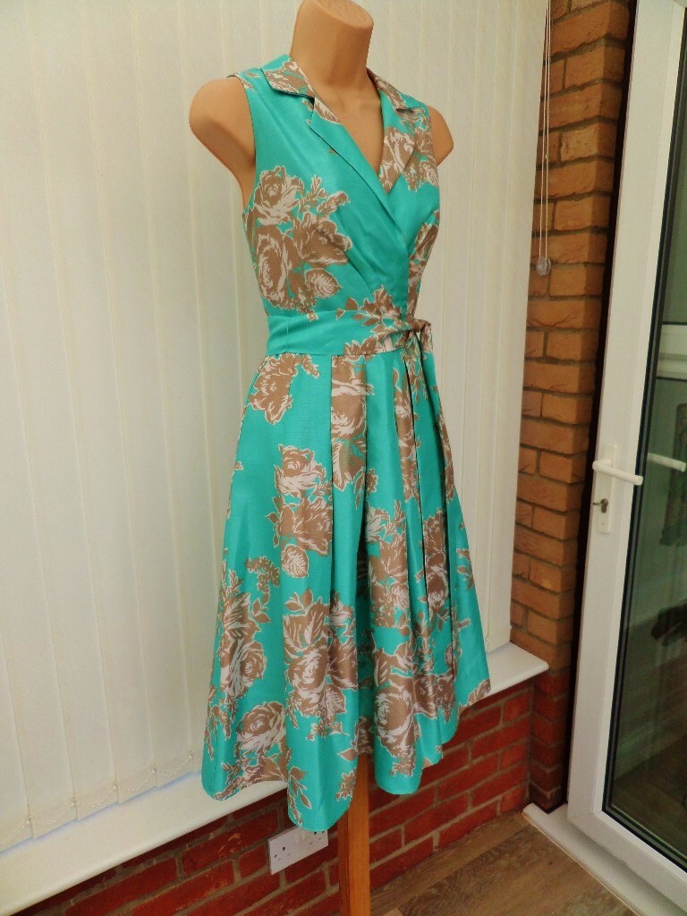 ELIZA J TURQUOISE GOLD IVORY FLORAL SATEEN 50’S PLEAT FLARE MIDI DRESS 8 NWOT