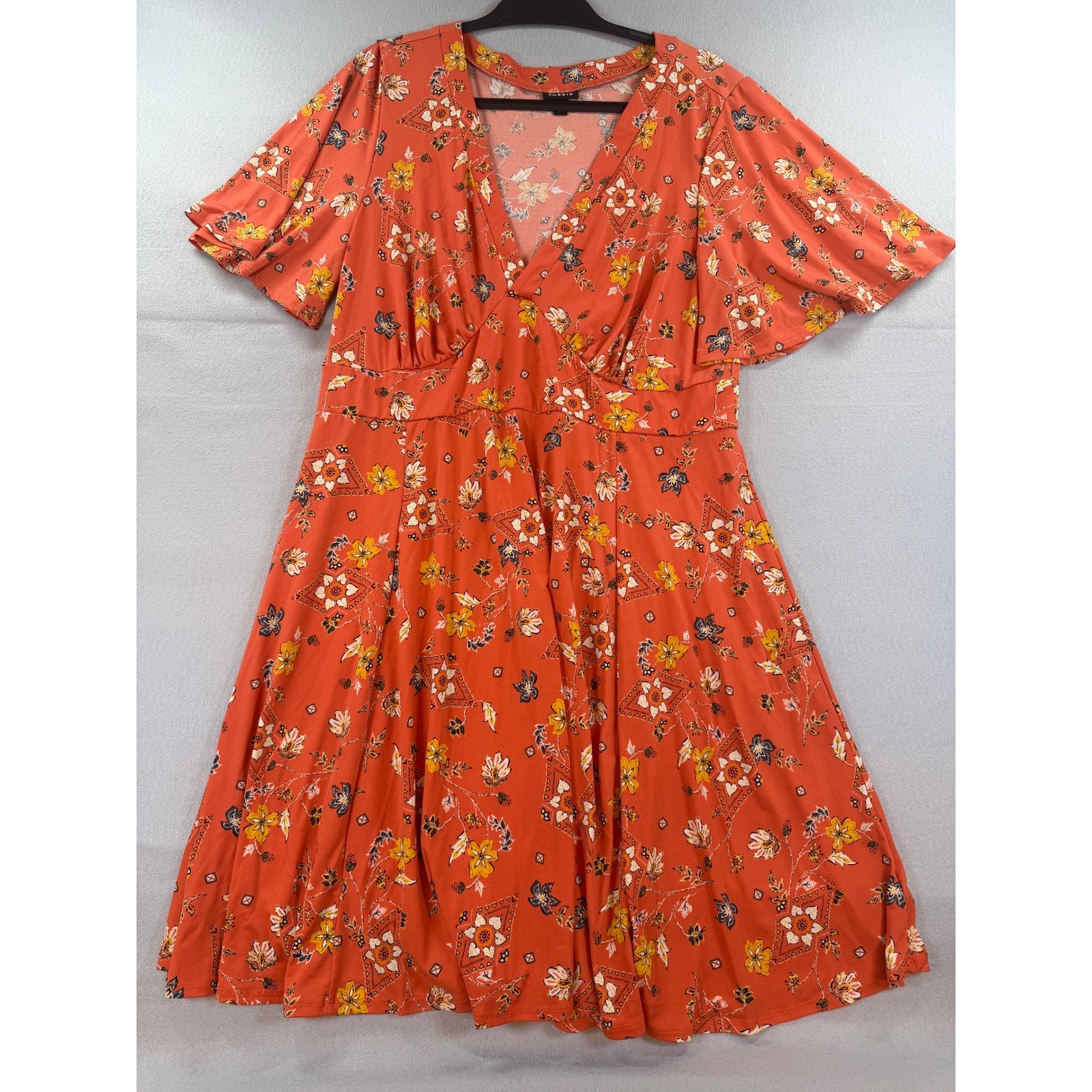 Torrid Rust Orange Floral Boho Flutter Sleeve Fit Flare Dress Plus Size 2 2X
