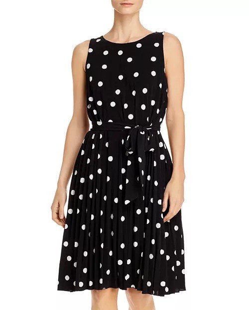 T Tahari Pleated Polka Dot Tie-Waist Lined Dress US Women’s Size M