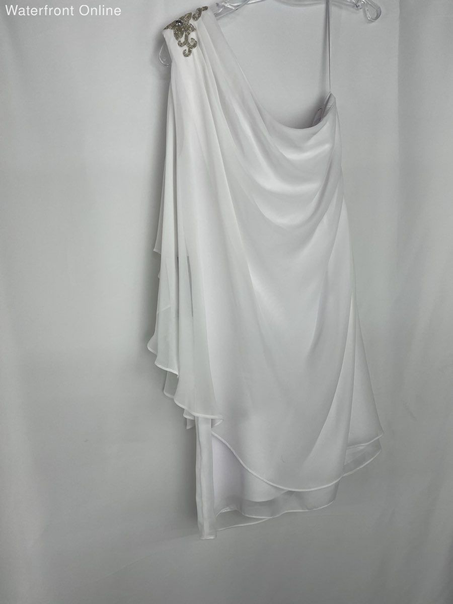 JS Boutique White Sequin One Shoulder Dress Sheer Flowy NWT Size 16