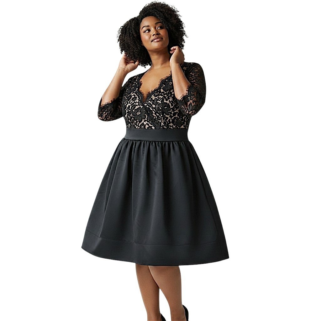 Eliza J Lace Fit Flare Dress 14 Lace & Faille Black Nude Cocktail Party ASOS LBD