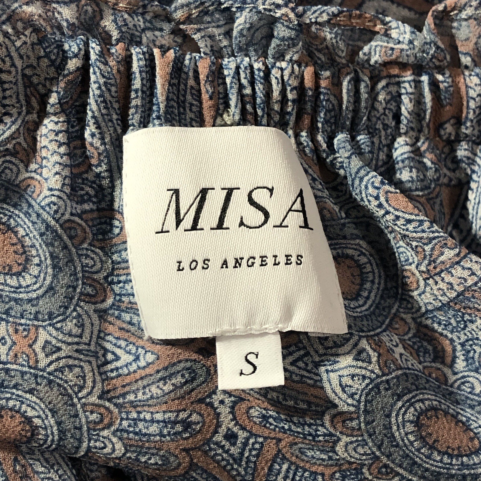 Misa Los Angeles Kailey Paisley Ruffled Off Shoulder Mini Dress SZ S Blue Tiered