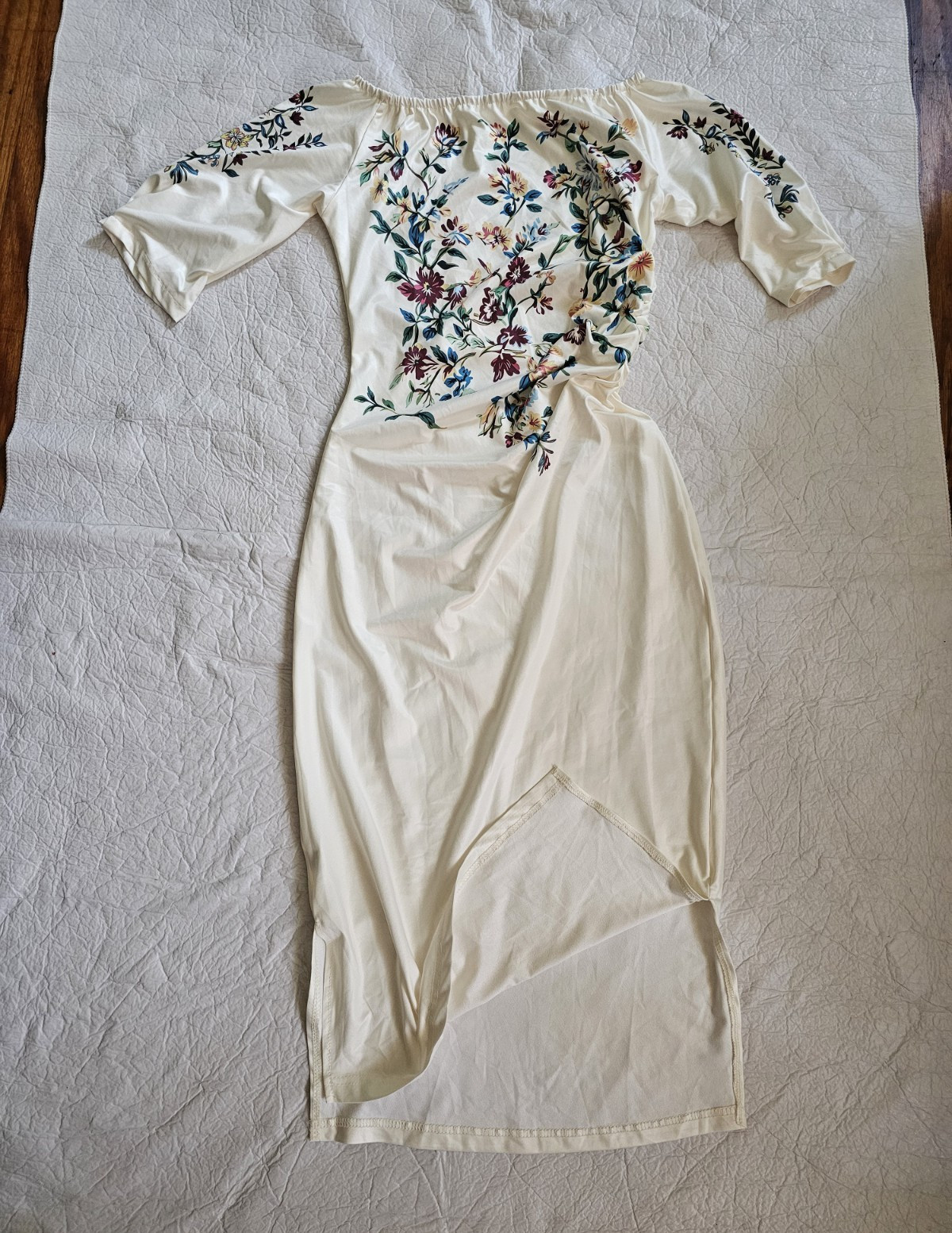 Ivory Multicolor Floral Embroidered Maxi Dress Short Sleeve Long Size S