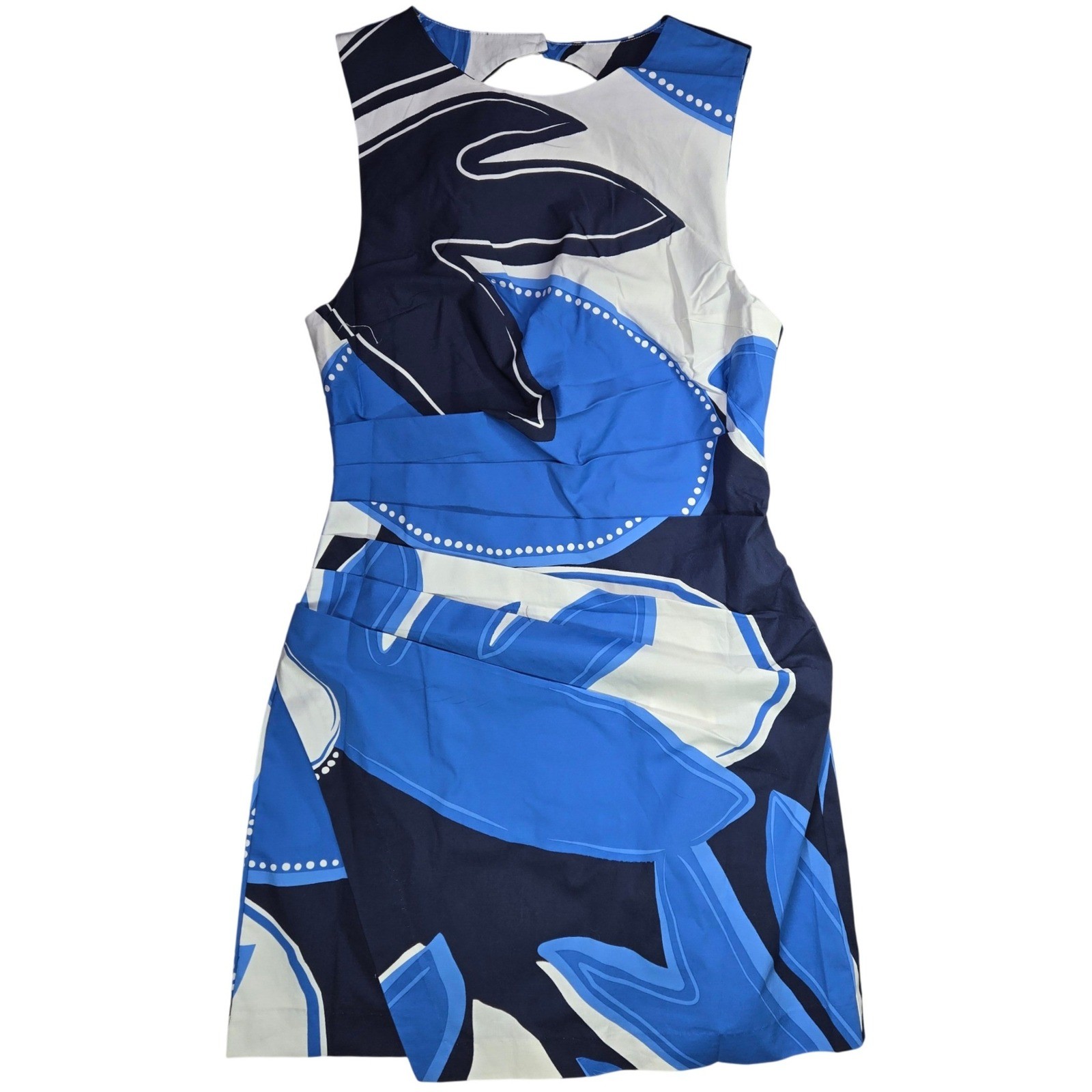 MON RENN Twilight Palms Mini Dress Blue White Abstract Cutout Back Size S NWT