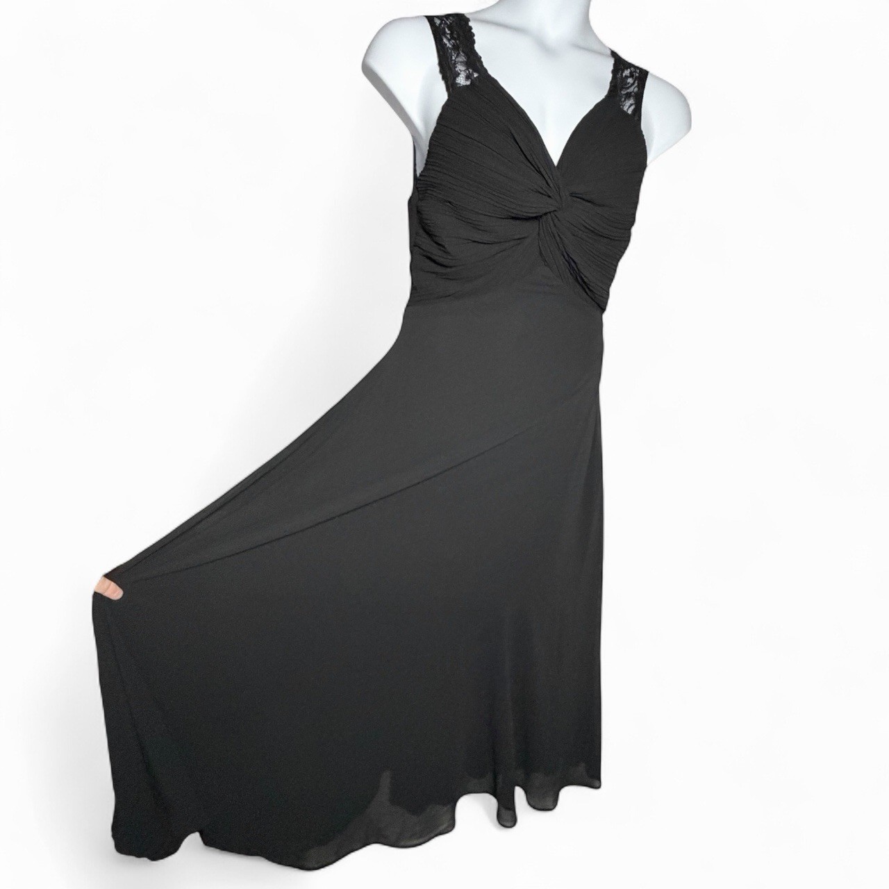 Black Lace Strap Dress Women’s L Long Twist Front Sheer Lined Keyhole Back Goth
