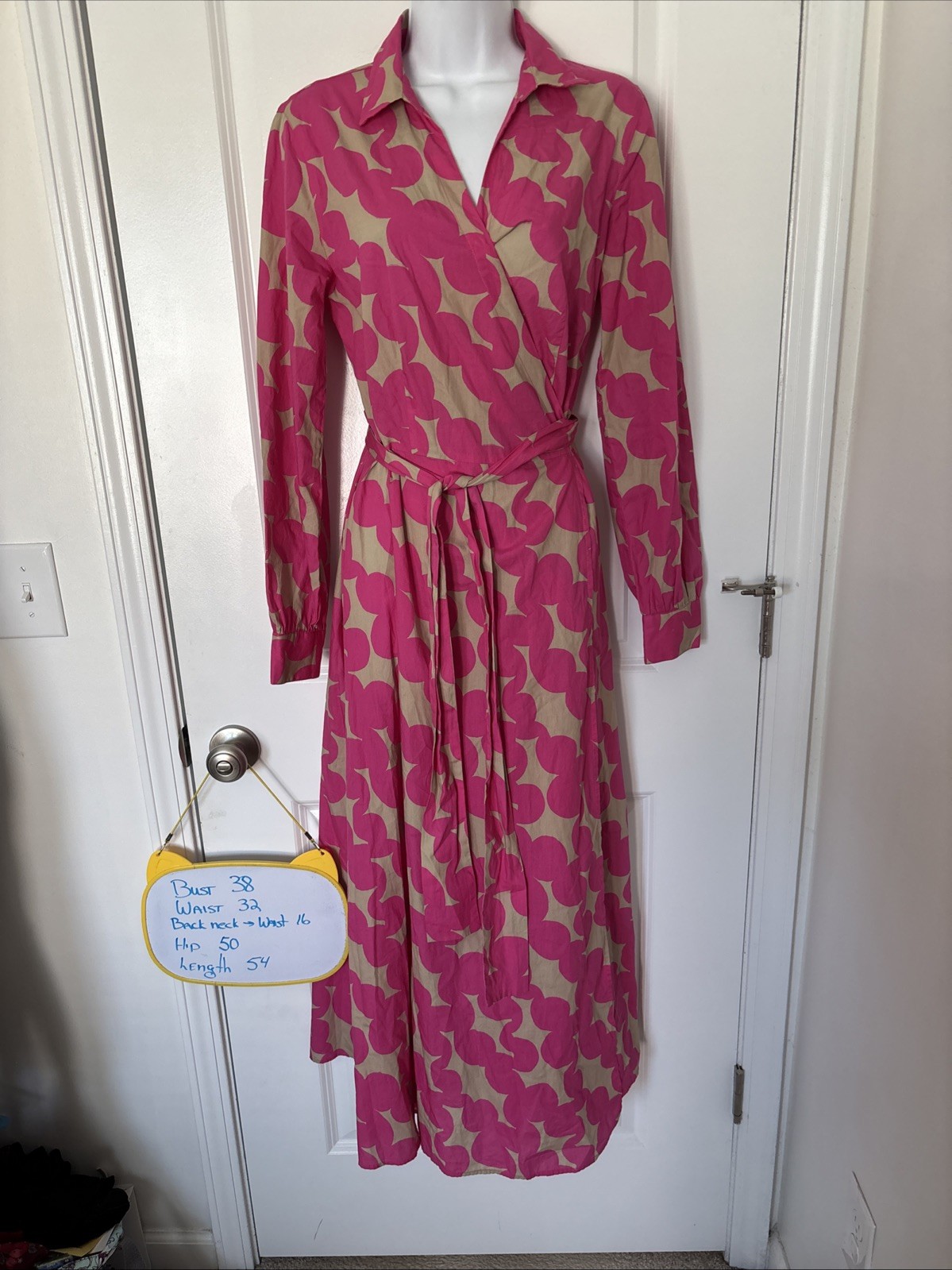 0039 Italy Havanna Maxi Wrap Dress Pink Tan Long Sleeve Cotton Size M