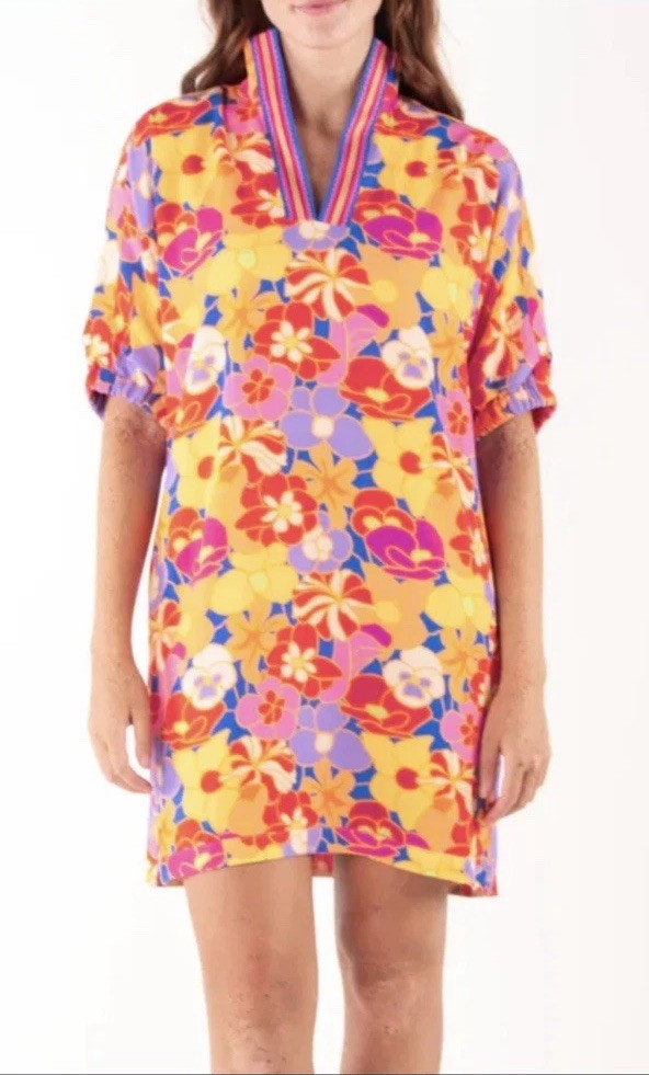 Emily McCarthy Floral Fusion Poppy Dress Orange Pink Yellow Shift Size S